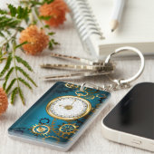 Steampun turquoise Achtergrond met tandwielen Sleutelhanger (Voorkant Rechts)