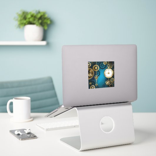 Steampun turquoise Achtergrond met tandwielen Sticker (Laptop op bureau)