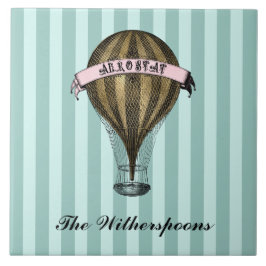 Steampunk Airship Green Stripes Monogram Tegeltje