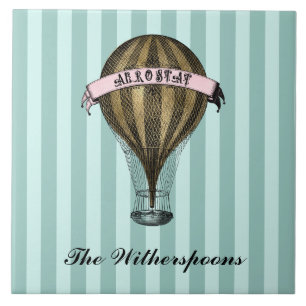 Steampunk Airship Green Stripes Monogram Tegeltje