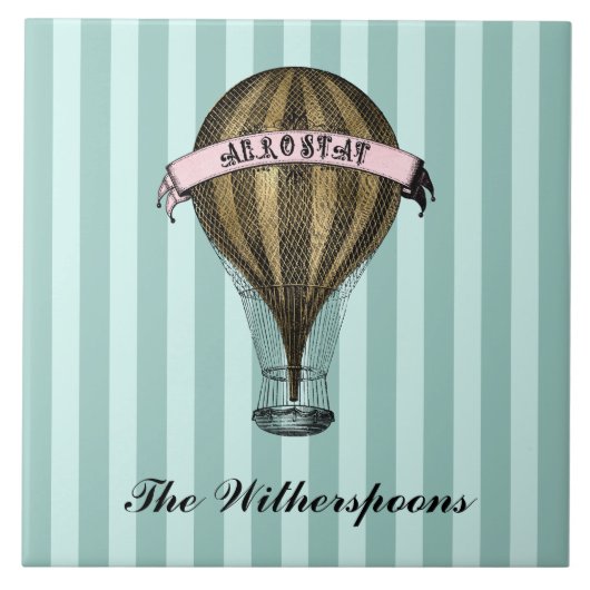 Steampunk Airship Green Stripes Monogram Tegeltje (Voorkant)