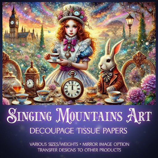 Steampunk Alice and White Rabbit Teatime Decoupage Tissuepapier