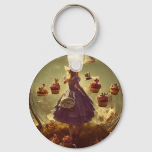 Steampunk Alice en Cupcakes AI Generated Art Sleutelhanger