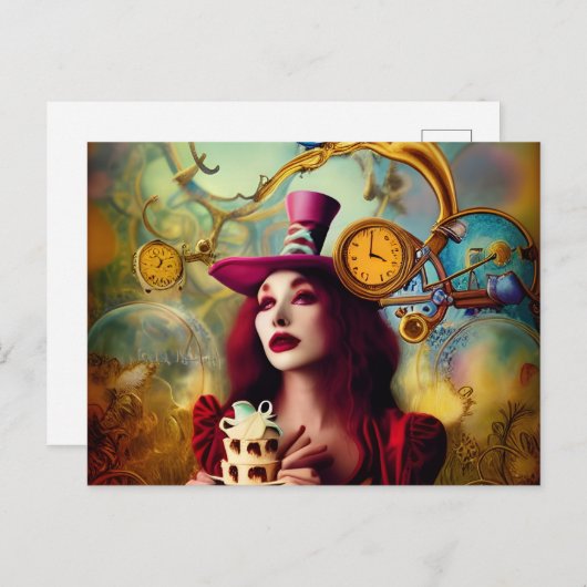 Steampunk Alice Hatter Keeping Time Briefkaart (Voorkant / Achterkant)