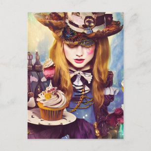 Steampunk Alice met cakes Briefkaart