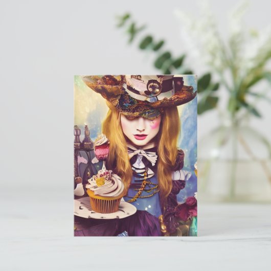 Steampunk Alice met cakes Briefkaart (Staand voorkant)