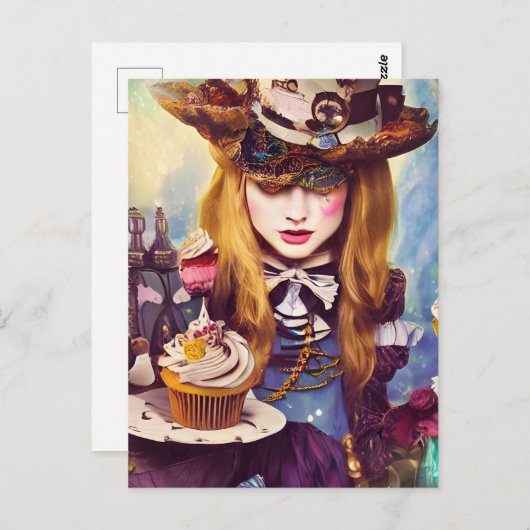 Steampunk Alice met cakes Briefkaart (Voorkant / Achterkant)