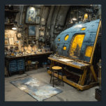 Steampunk Artist Submarine Studio Chaos Foto Afdruk<br><div class="desc">A dimly lit, riveted submarine-like chamber serves as an overflowing artist's sanctuary. A large easel displays an unfinished portrait while every surface groans under jars of paint, brushes, old books, mechanical oddities, and half-finished canvases. Warm lanterns and hanging bulbs throw golden pools across a cluttered workbench and paint-splattered drop cloth,...</div>