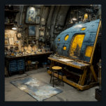 Steampunk Artist Submarine Studio Chaos Perfect Poster<br><div class="desc">A dimly lit, riveted submarine-like chamber serves as an overflowing artist's sanctuary. A large easel displays an unfinished portrait while every surface groans under jars of paint, brushes, old books, mechanical oddities, and half-finished canvases. Warm lanterns and hanging bulbs throw golden pools across a cluttered workbench and paint-splattered drop cloth,...</div>