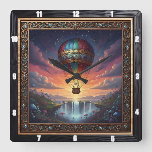 Steampunk Balloon Fantasy Waterfall Vierkante Klok (Voorkant)