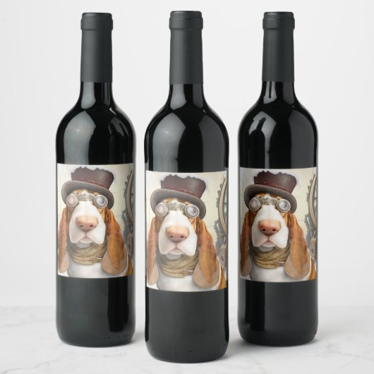 Steampunk Basset Hound Wijn Etiket (Flessen)