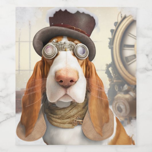 Steampunk Basset Hound Wijn Etiket (Enkel label)
