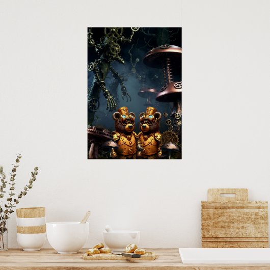 Steampunk Bears in Clockwork Forest Fantasy Art Poster (Keuken)