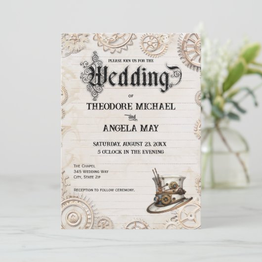 Steampunk Beige Personalized Wedding Invitation Kaart (Staand voorkant)