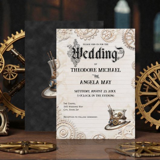 Steampunk Beige Personalized Wedding Invitation Kaart