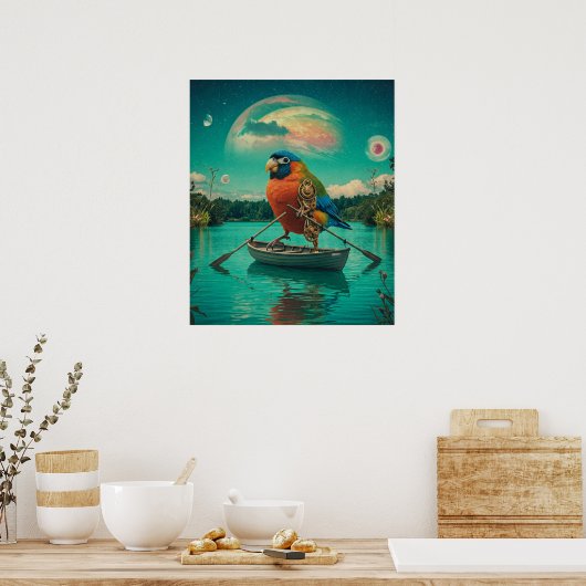 Steampunk Bird Rowing Surreal Lake Cosmic Poster (Keuken)