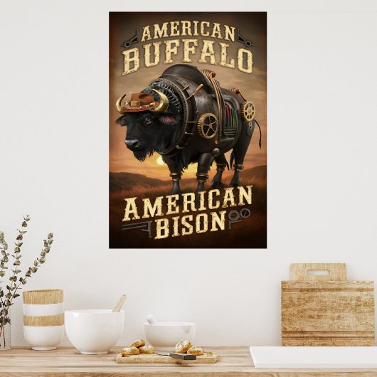 Steampunk Bizon Sunset Poster (Keuken)