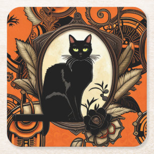 Steampunk Black Cat Halloween Kartonnen Onderzetters