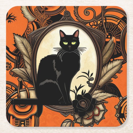 Steampunk Black Cat Halloween Kartonnen Onderzetters (Voorkant)