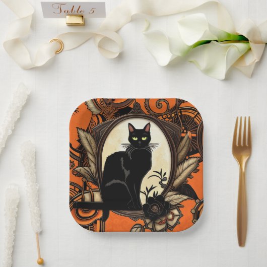 Steampunk Black Cat Halloween Papieren Bordje (Huwelijk)