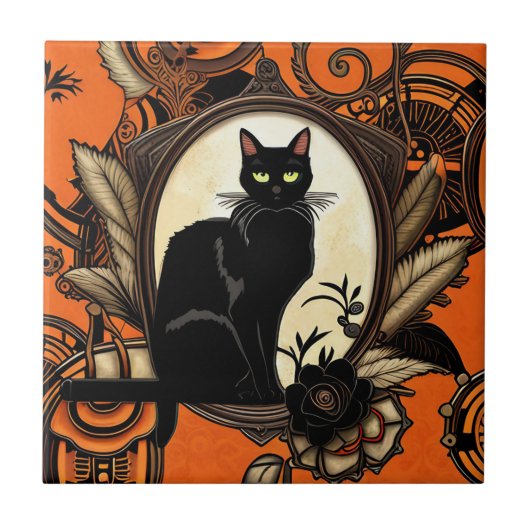 Steampunk Black Cat Halloween Tegeltje (Voorkant)