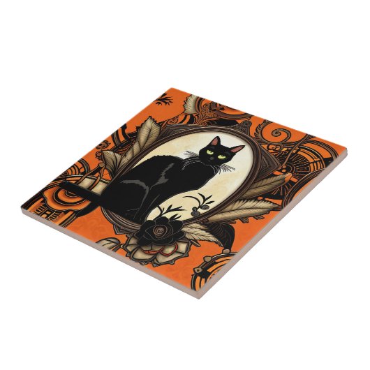 Steampunk Black Cat Halloween Tegeltje (Zijkant)