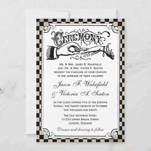 Steampunk Black Checkerboard Wedding Invites Kaart (Voorkant)
