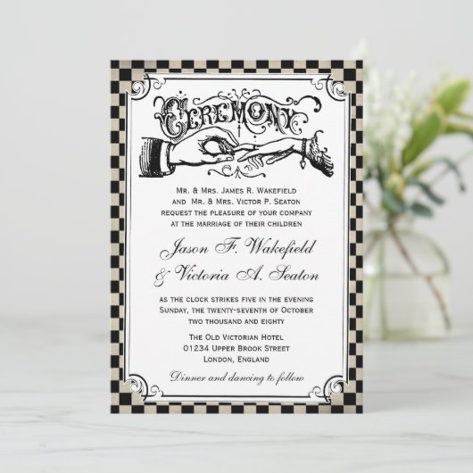 Steampunk Black Checkerboard Wedding Invites Kaart (Staand voorkant)