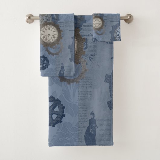 Steampunk blauwe afdruk bad handdoek (Insitu)
