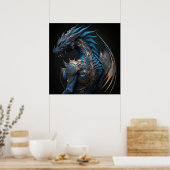 Steampunk blauwe draak met metalen vleugels AI-kun Poster (Keuken)