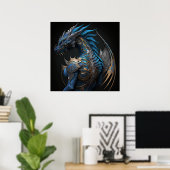 Steampunk blauwe draak met metalen vleugels AI-kun Poster (Thuiskantoor)