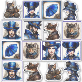 Steampunk Blauwe en Gouden Waterverf Vinyl Sticker