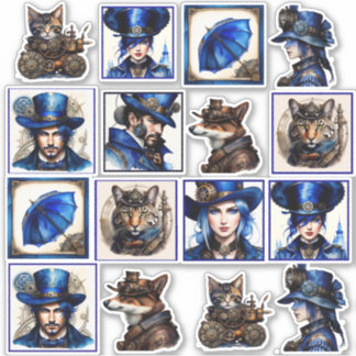 Steampunk Blauwe en Gouden Waterverf Vinyl Sticker