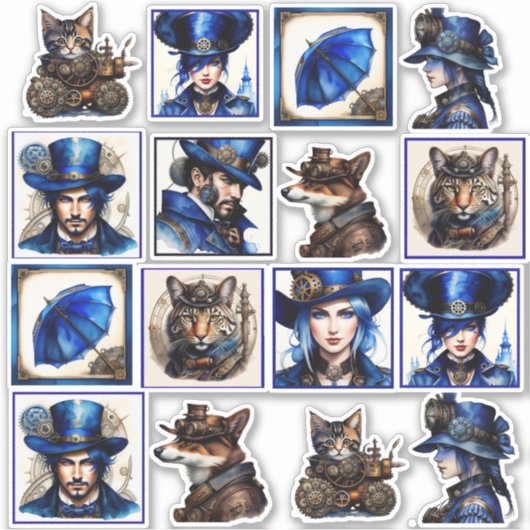 Steampunk Blauwe en Gouden Waterverf Vinyl Sticker (Voorkant)
