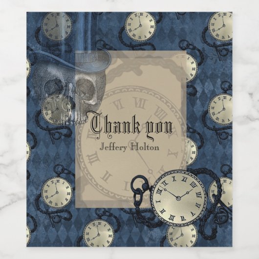 Steampunk blauwe gothische klokken en schedels wijn etiket (Enkel label)