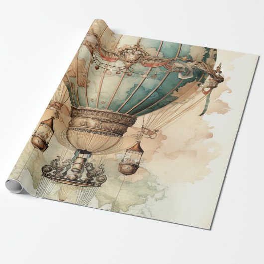  Steampunk Blauwe Hete Luchtballon (2) Cadeaupapier (Uitgerold)