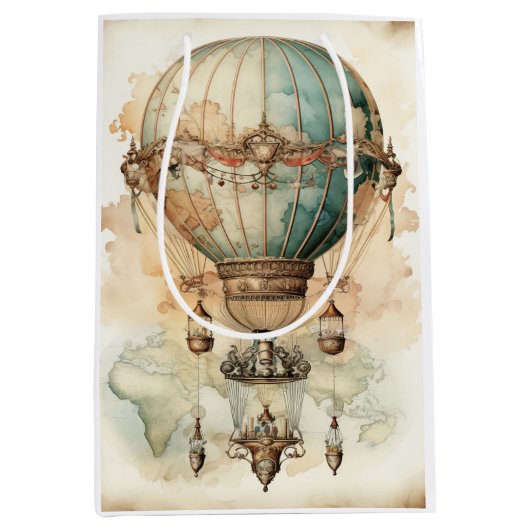 Steampunk Blauwe Hete Luchtballon (2) Medium Cadeauzakje (Voorkant)