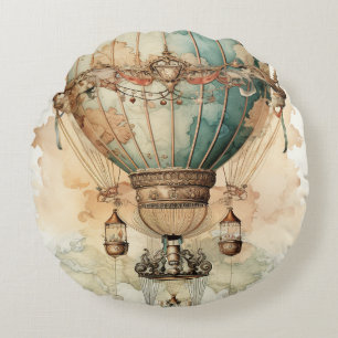 Steampunk Blauwe Hete Luchtballon (2) Rond Kussen