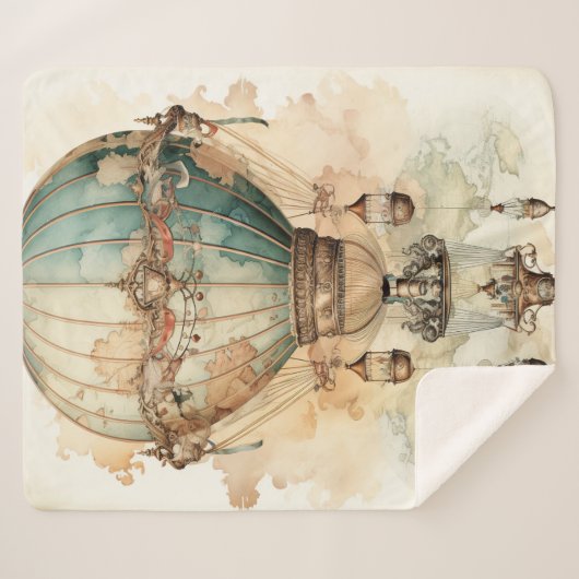 Steampunk Blauwe Hete Luchtballon (2) Sherpa Deken (Voorkant (horizontaal))
