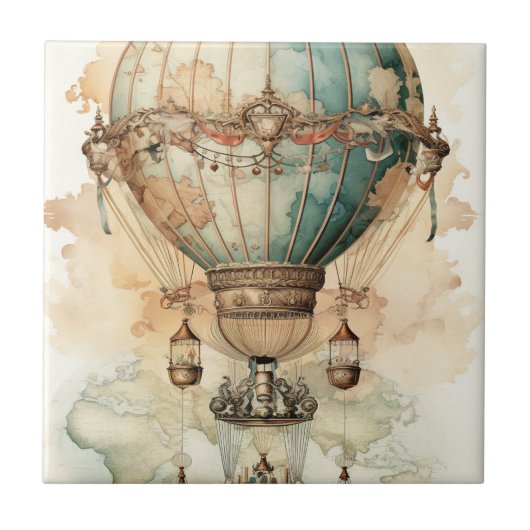  Steampunk Blauwe Hete Luchtballon (2) Tegeltje (Voorkant)