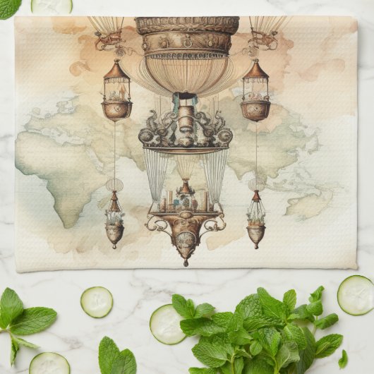 Steampunk Blauwe Hete Luchtballon (2) Theedoek (Gevouwen)