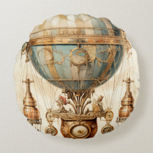 Steampunk Blauwe Hete Luchtballon (3) Rond Kussen