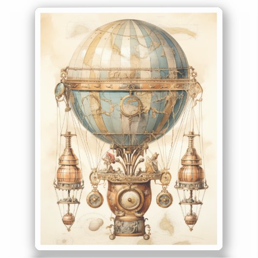 Steampunk Blauwe Hete Luchtballon (3) Sticker (Voorkant)