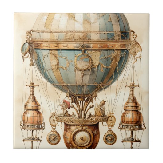 Steampunk Blauwe Hete Luchtballon (3) Tegeltje (Voorkant)