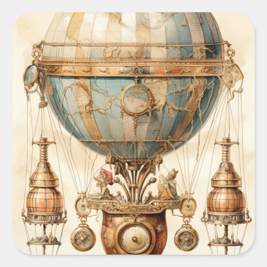 Steampunk Blauwe Hete Luchtballon (3) Vierkante Sticker (Voorkant)