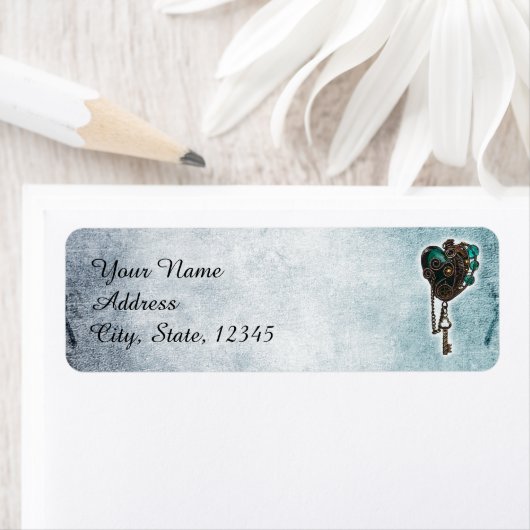 Steampunk Blauwgroen Hart Bruiloft Label (Insitu)