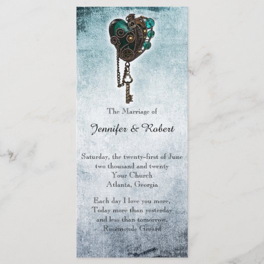 Steampunk Blauwgroen hart bruiloft programma Programmakaart (Voorkant)