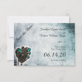Steampunk Blauwgroen Hart Bruiloft Save the Date