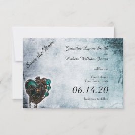 Steampunk Blauwgroen Hart Bruiloft Save the Date