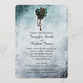 Steampunk Blauwgroen hart bruiloft uitnodiging